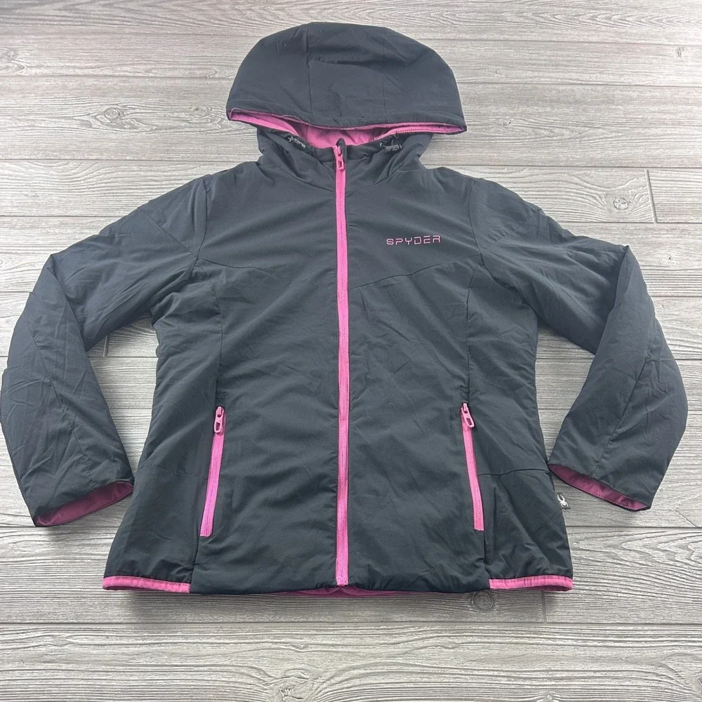 Spyder Womens Black Pink Hooded Performance Jacket Hydroweb Thermoweb Large